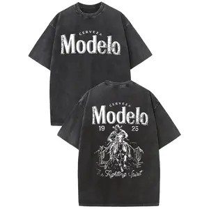 Holafish Acid Wash Vintage Modelo Pattern T-Shirt Men Heavyweight Cotton Streetwear TV Show Graphic Tee Retro Crewneck Short Sleeve Shirt Athletic Outdoor Sport Casual Tops