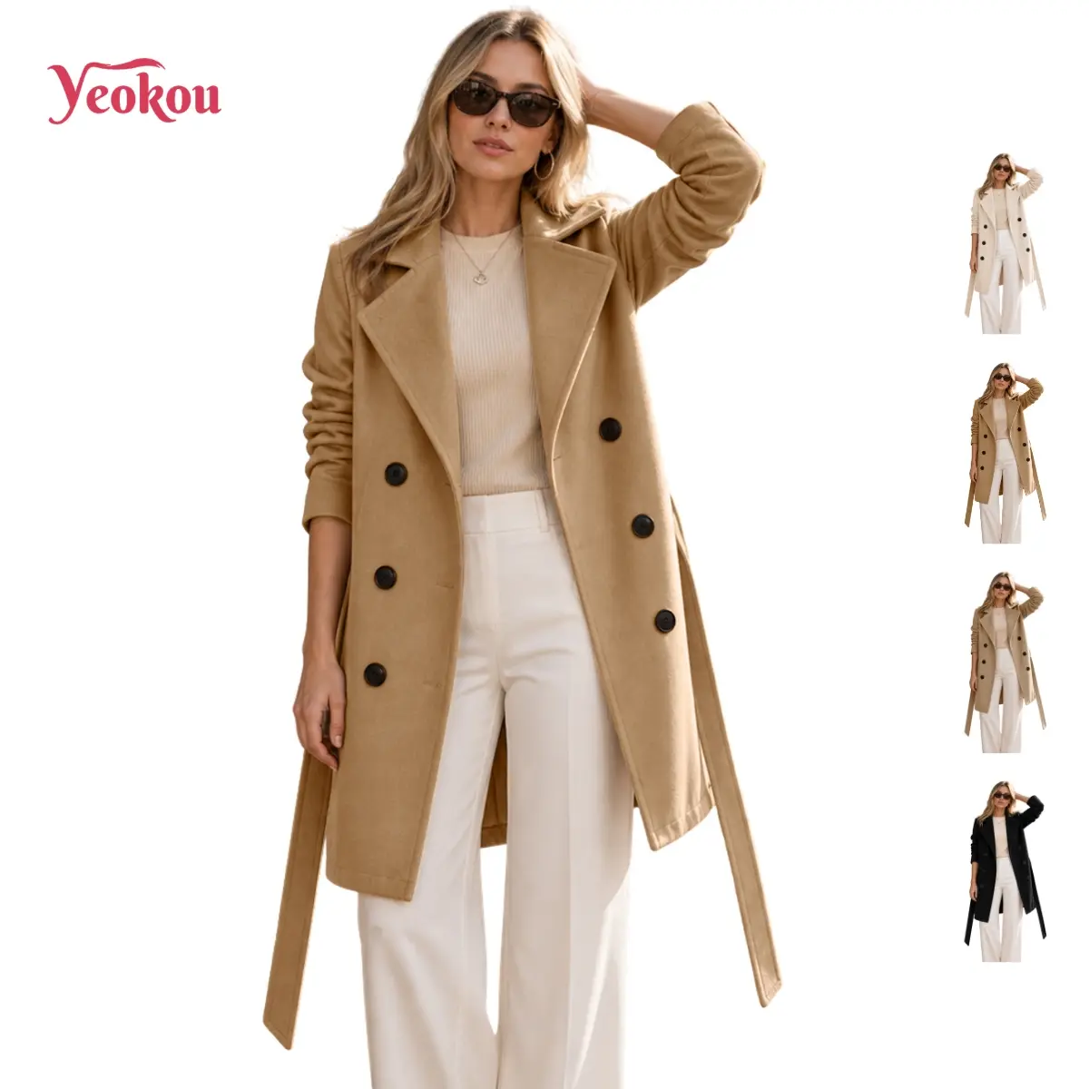 Yeokou Women's Fall Winter Faux Wool Blend Double-Breast Mid-Length Long Sleeve Outerwear Peacoat Jackets, Machine Wash, Mid Thigh-Knee, Peacoat Trench, Layered Room, Tops, Fitted