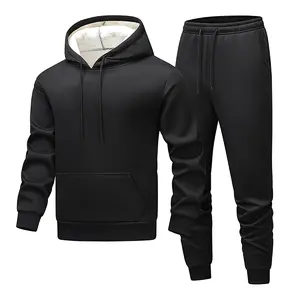 Men's Black Warm-Up Set - Fleece-Lined Hoodie + Joggers, A Cozy Winter Outfit with Street Style