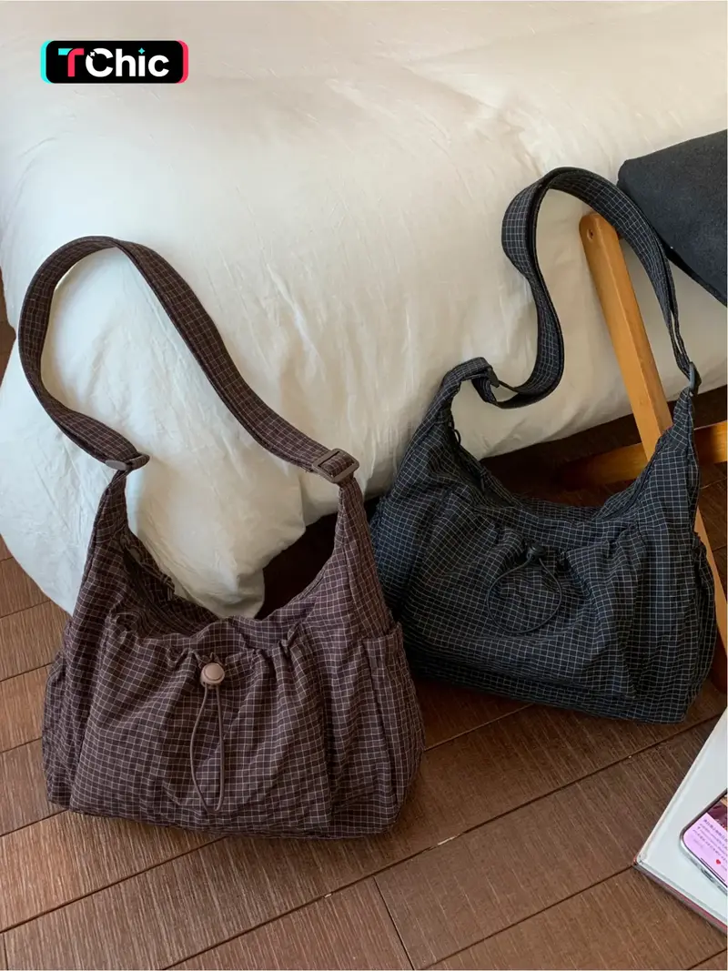 Japanese-Style Minimalist Plaid Canvas Crossbody Hobo Bag, Large-Capacity High-End Commuter Shoulder Bag with Zip Closure, Suitable for Campus, Workplace, Commuting, Casual Shopping and Everyday Use, Hobo Purse