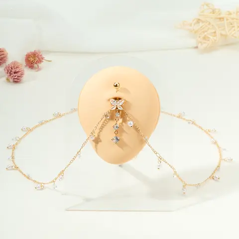 Women's Bellybar Belly Button Ring Chain, Adjustable Navel Piercing Jewelry, Sexy Body Piercings Body Chain Accessory, Chic Body Jewelry for Beach Party, Summer Bikini Wear, Adjustable Waist Chain