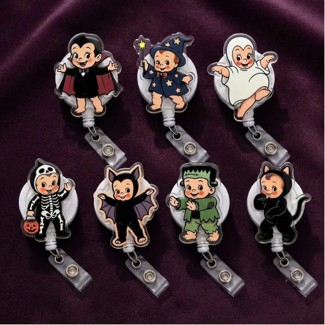 Halloween Badge Reel Cute Vintage Kewpie Baby Costume Retractable ID Badge Holder for Nurses Teachers Halloween Gift Vampire Ghost Skeleton