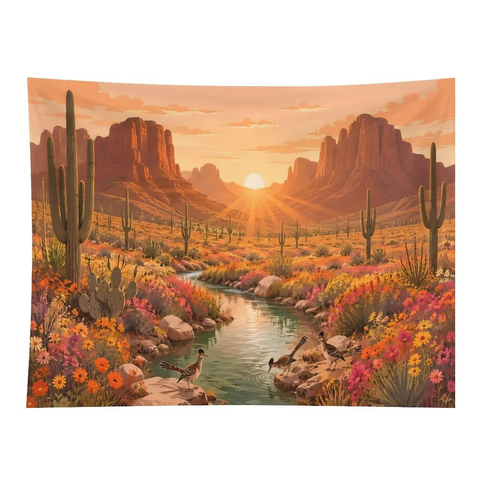 Warm Western Landscape Wall Tapestry with Southwest Desert Canyon Sunset, Giant Saguaro Cactus, Wild Poppy Flower, Stream, Roadrunner Bird for Farmhouse Cabin & Room Decor