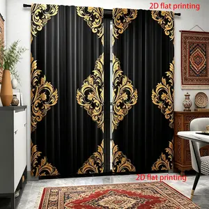 2-piece elegant golden crown patterned polyester Window Curtain with transparent rod bag design, suitable for living rooms, bedrooms, offices - machine washable, artistic home and holiday decoration, Easy Install Curtain