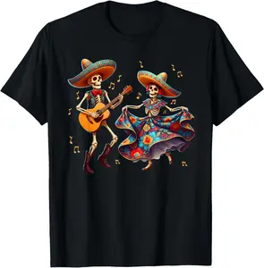 100% Cotton Top Mexican Latin American Gifts Dancing Skeletons Guitar Day of The Dead T-Shirt