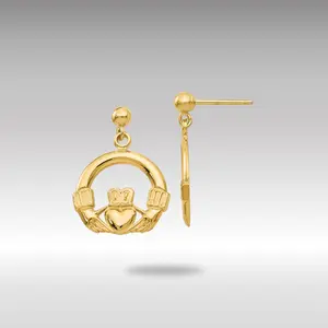 14K Gold Dangling Claddagh Post Earrings - Model S1117