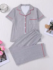 Women's 2-Piece Matching Sleepwear Striped Pajama Set, Gray & White with Red Trim, Short Sleeve Top & Long Pants, Notch Collar Button-Down, Soft Comfortable Casual Loungewear with Chest Pocket & Elastic Waistband for All Seasons