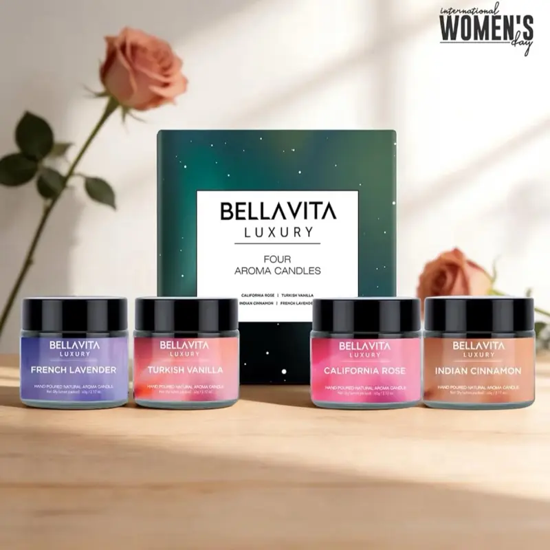 Bellavita Luxury Four Aroma Candles Set - French Lavender, Turkish Vanilla, California Rose, Indian Cinnamon - Perfect for International Women's Day