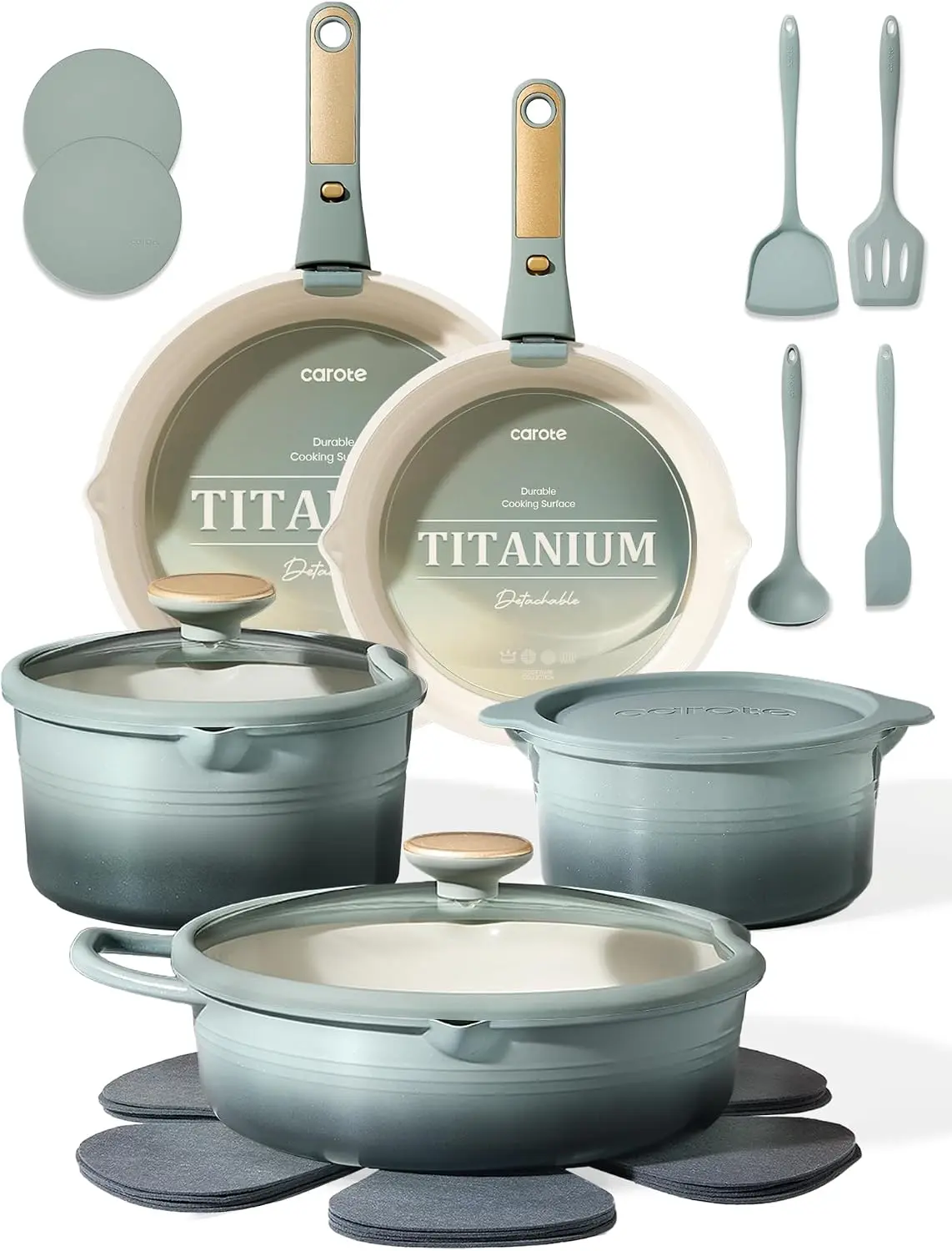 20pcs Titanium Nonstick Cookware Set with Detachable Handle - Pots and Pans Set, Non-Toxic, PFAS & PFOA Free, Induction Compatible, Dishwasher & Oven Safe, Space-Saving, Ideal for Camping Cooking, Green Finish