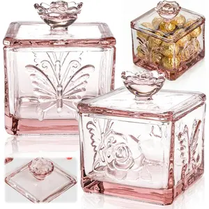 2 Pack Glass Candy Dish with Lid, 15 OZ Embossed Clear Candy Jar, Decorative Covered Sugar Bowl,   Storage Trinket Box for Candy Buffet, Wedding, Valentine's Day ()