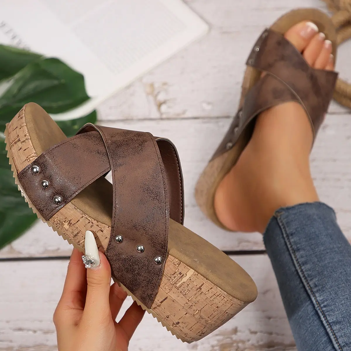 Women's Classic Thick Platform Cork Wedge Sandals - Comfy Slip-On Footwear with Crisscross Straps, Open Toe Walking Shoes for Everyday Wear, Women Sandals