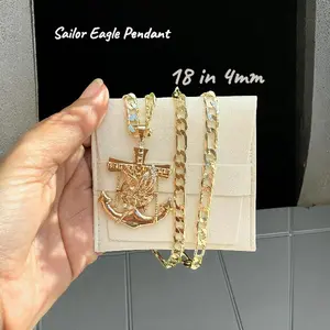 14K GP Fashion Hip Hop Sailor Anchor Eagle 1.77" Pendant Size- Luxury Pendant with Figaro Link Chain 18" 4mm - Unisex Jewelry Brass Material