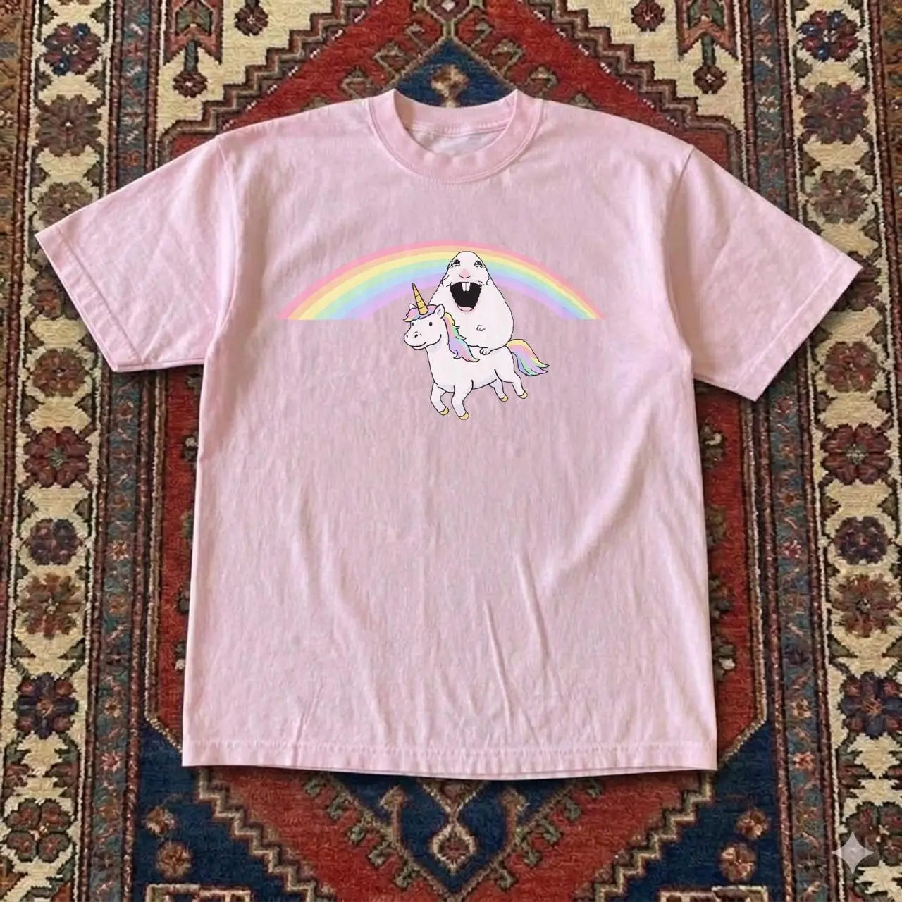 Funny Screaming Hamster Riding Unicorn Rainbow Graphic T shirt and Baby Tee | Vintage Y2K Internet Meme Cartoon Streetwear | Cute Kidcore Novelty Tee