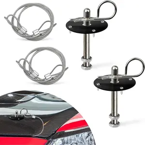 2PCS Hood Pin Kit for Car, Stainless Steel Car Hood Lock Kit with Racing Lanyard, Quick Release Car Hood Cover Latch Hood Pins to Reduce Shaking, Universal Hood Pins Lock Clip Kit (Black)