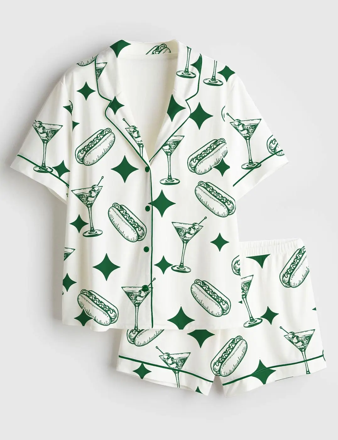Women s Dirty Martini Party Print Short Sleeve Satin Pajama Set - Tinis And Weenies Trendy & Stylish Sleepwear