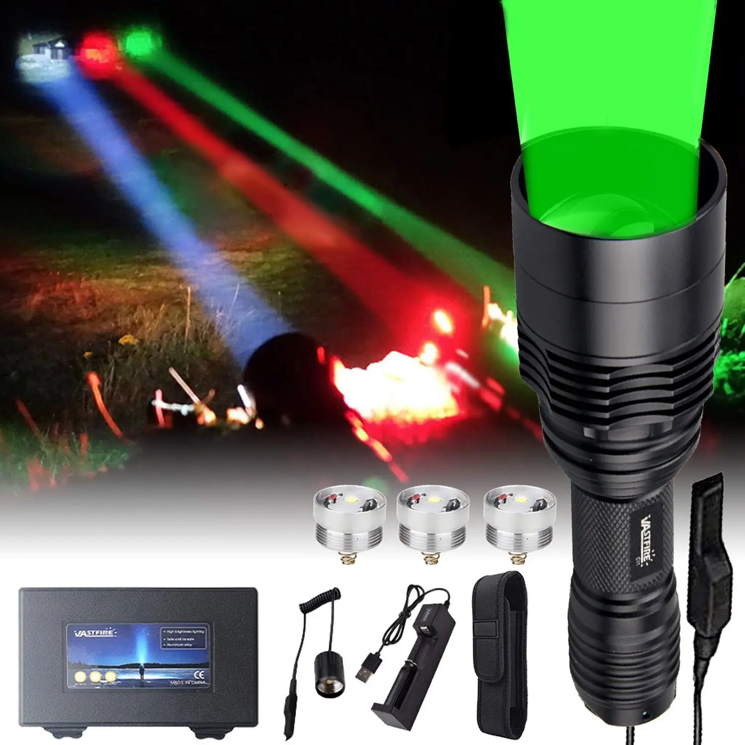 ZoomableGreen Red White LED  Hunting Flashlight LightSuitable For Night Observation and Hiking. , High Powered Flashlight, Rechargeable Powerful Flashlights