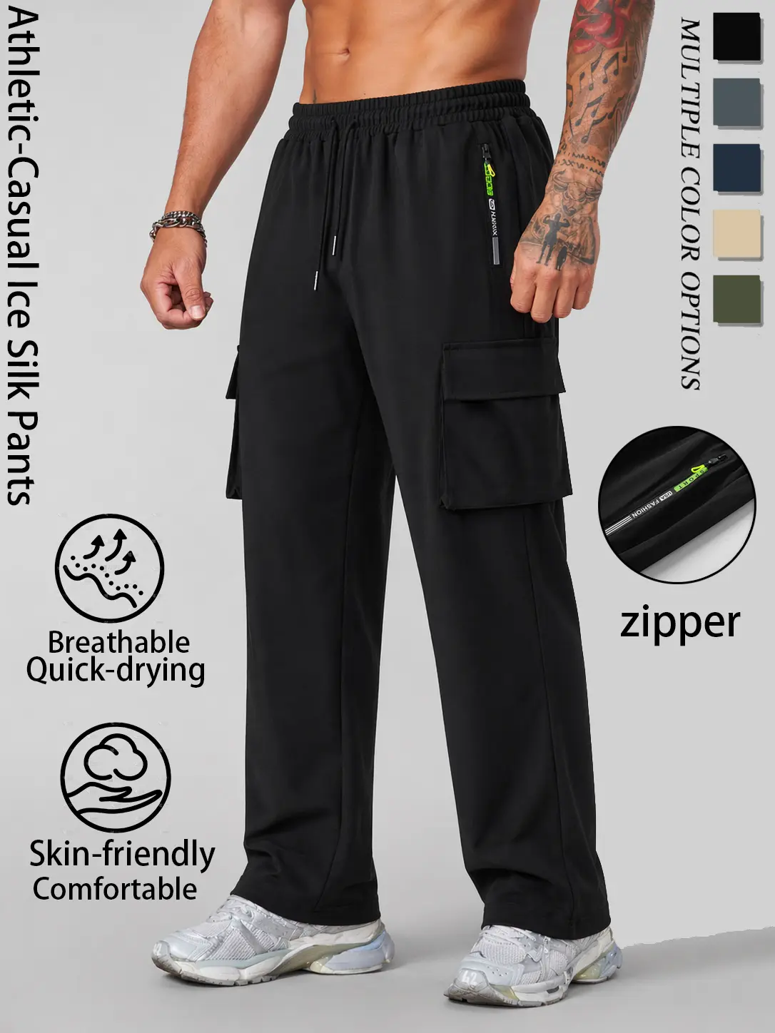 Men's Ice Silk Baggy Wide Leg Sweatpants, Casual Cargo Jogger Pants with Zipper Pockets, Loose Fit Drawstring Athletic Work Pants, Breathable Quick Dry Streetwear Trousers for Gym Workout Running Travel Outdoor Daily Wear Summer Relaxed Utility Track Pant