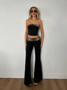 JADEE 2pcs/Set Leopard Print Patchwork Contrast Color Bandeau Top And High Waist Fitted Flare Pants
