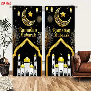 2D Flat Ramadan Mubarak Decorative Curtain 2-Piece Set Golden Crescent & Star Mosque Pattern Ornate Floral Mandala Black Background Festive Ramadan Theme Living Room Bedroom Curtains