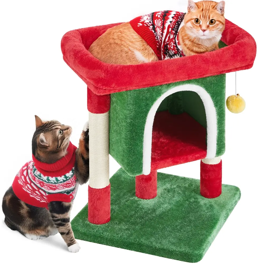 【On Sale】Yaheetech 23.5″ H 2-Level Christmas Cat Tree Tower Condo with Wide Perch and Scratching Posts Cat Pet Climbing Tower, Cat House Activity Cent