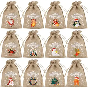 24 count Christmas Burlap Drawstring  Bags -  Linen Pouches for Holiday, Birthday,  Year Parties - Small  Favor Candy Bags