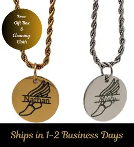 Personalized Track & Field Winged Shoes Necklace in 18K Gold PVD or Classic Silver Stainless Steel with 1/16" Rope Chain 18" or 20" Lengths Free Gift Box & Cleaning Cloth Ships in 1-2 Business Days