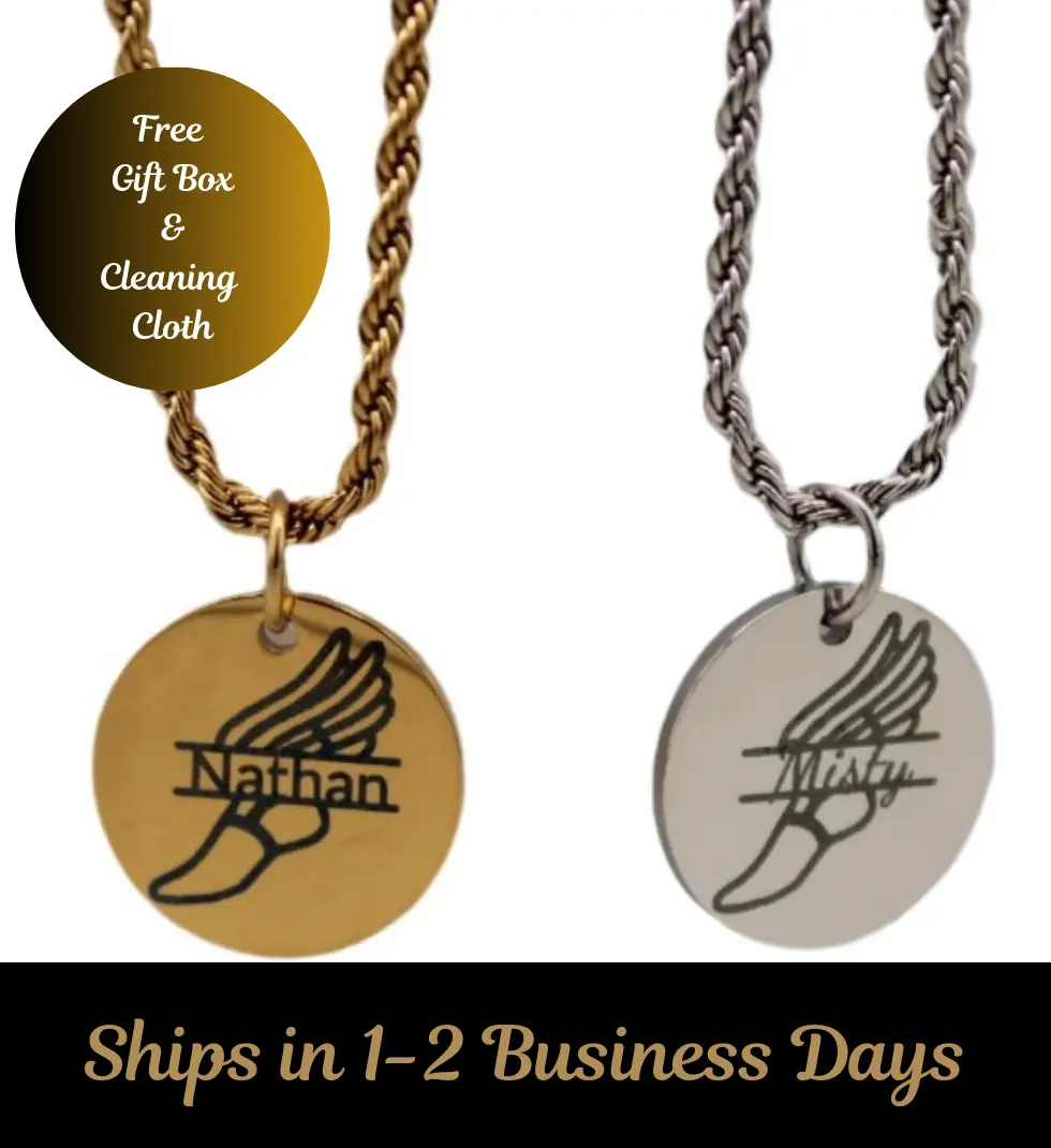 Personalized Track & Field Winged Shoes Necklace in 18K Gold PVD or Classic Silver Stainless Steel with 1/16" Rope Chain 18" or 20" Lengths Free Gift Box & Cleaning Cloth Ships in 1-2 Business Days