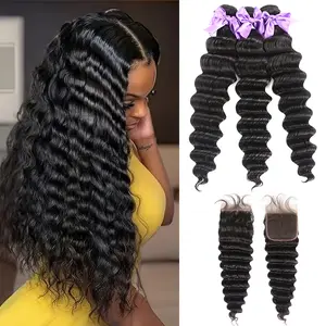 Urgirl  3 Bundles Loose Deep Quick Weave with 4x4 Lace Closure Real human hair Luxury Salon Brazilian Virgin Bundles 100% Human Hair Loose Deep Wave Glossy Hair bundles hairextension