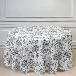 Polyester Round Tablecloth 120" White with Black French Toile Pattern - Sophisticated Table Cover for Chic Weddings & Events