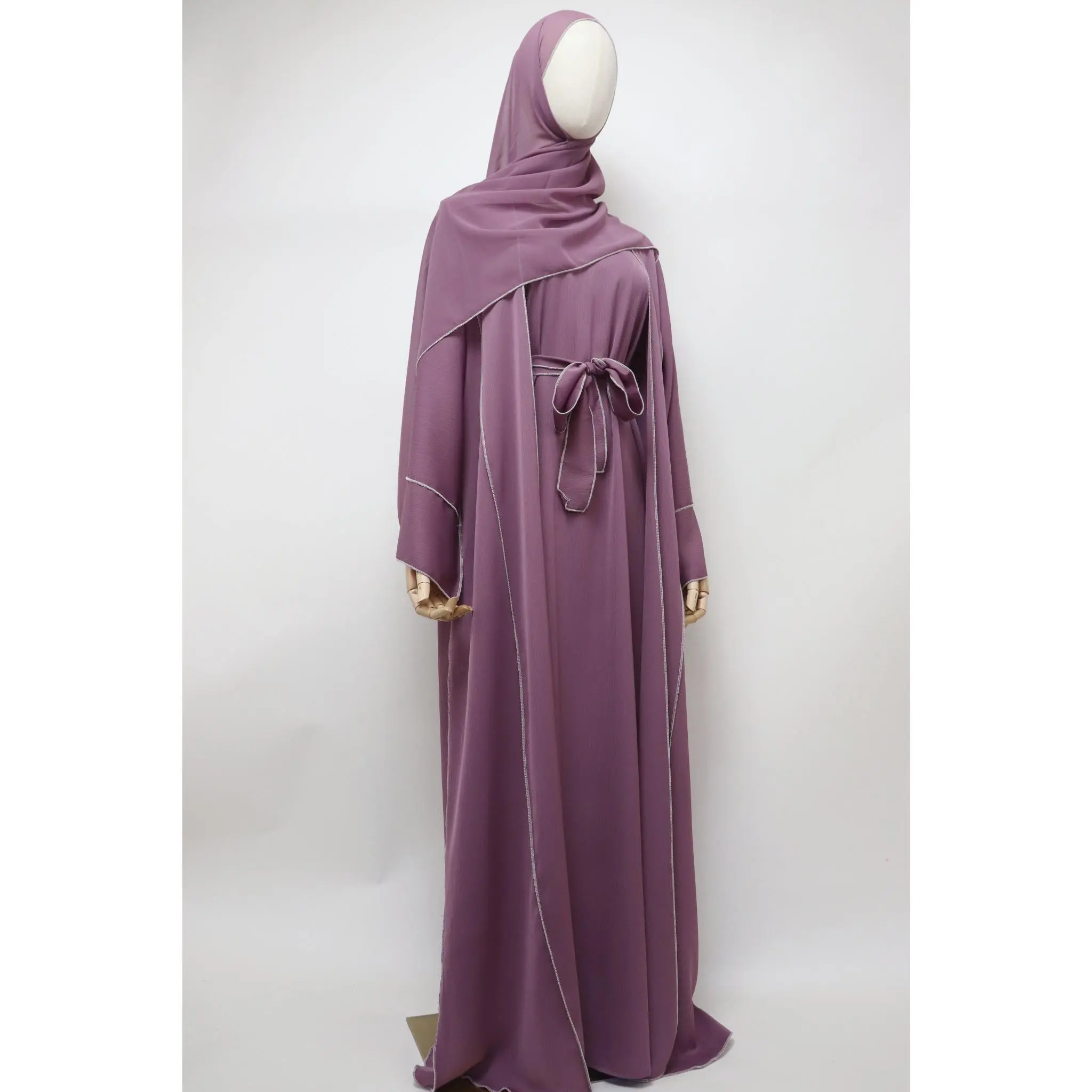 3 Piece Set Crinkle Abaya - Mauve