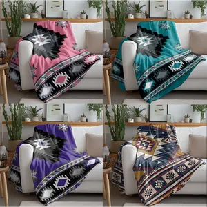 Southwestern Navajo Star & Geometric Blanket Collection, Vintage Tribal Pattern in Pink, Turquoise and Purple, Ultra Soft Cozy Plush Fleece Throw, Western Boho Rustic Cabin Decor, All-Season Comfort Home Blanket
