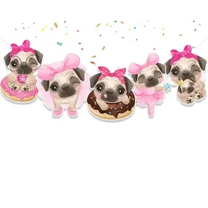Pug Party Banner - Pink Bow Pug Dog Garland Decoration for Birthdays and Pet Celebrations