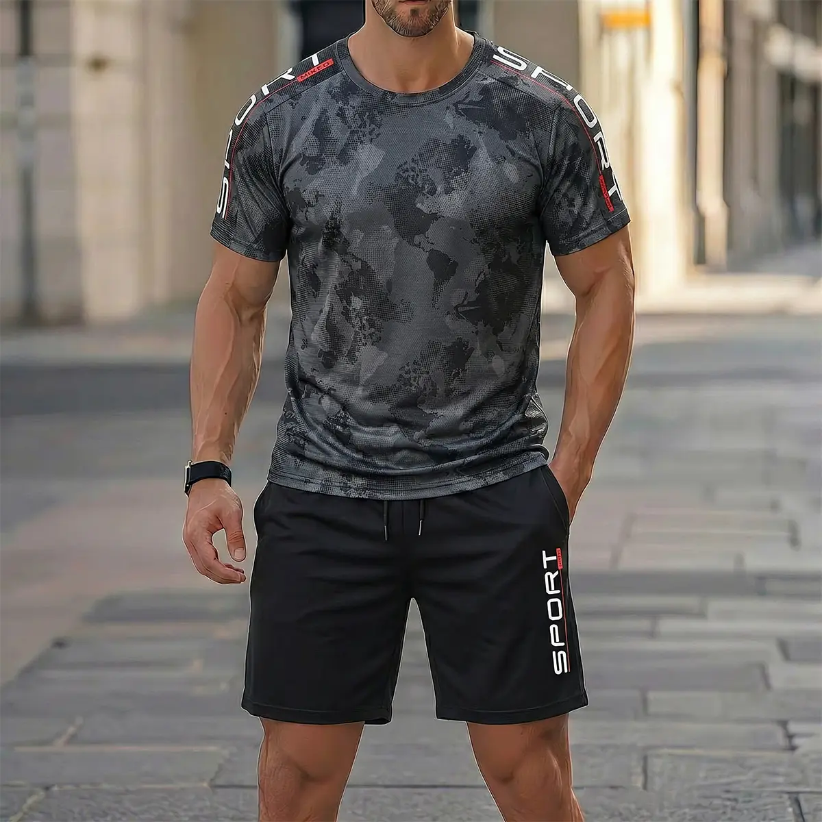 Male 2-Piece Athletic Co-ord Gym Wear Set, Ice Silk Polyester-Nylon-Polyamide Blend T-Shirt and Slim-Fit Shorts for Outdoor Sports & Gym, T-Shirts, Elastane, Machine Wash, Short Sleeve Tops, Classic, Basics, Male Set, Casual, Two-Pieces