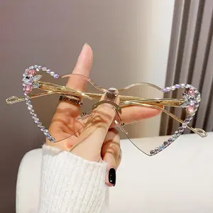 TikTokShopBlackFriday Frameless Heart-Shaped Metal Fashion Glasses with Pink-Tinted PC Lenses and Sparkling Accents, Lightweight Unisex Eyewear for Beach, Driving, Reading, and Outdoor Fashion Photography Vintage uv400 lens fall Small Oval Women's Glasses
