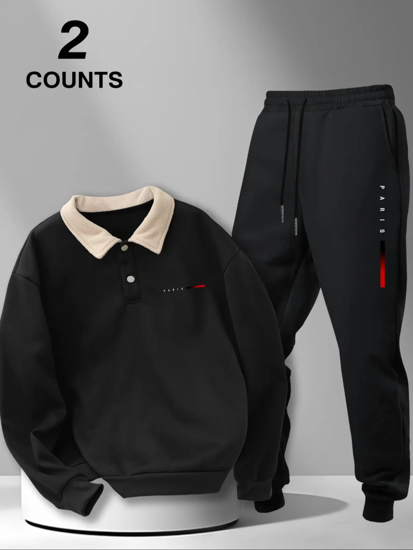 Men's Polo Collar Sweatshirt Set, Autumn Winter Letter Print Fleece Pullover + Drawstring Casual Sport Pants, 2 Pieces Pack