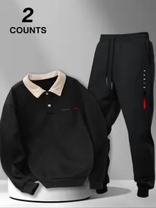 Men's Polo Collar Sweatshirt Set, Autumn Winter Letter Print Fleece Pullover + Drawstring Casual Sport Pants, 2 Pieces Pack
