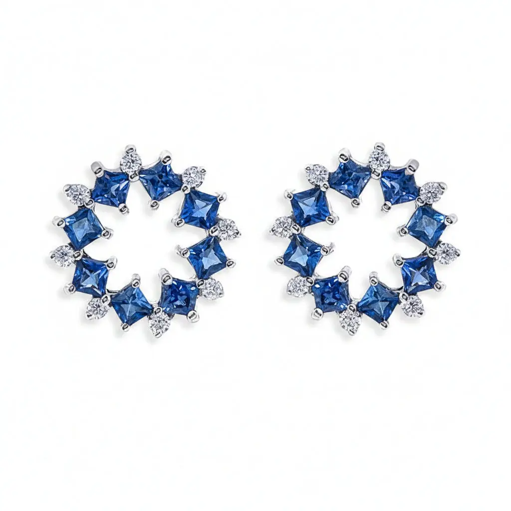 Open Flower Gemstone & Diamond Stud Earrings – 18k Gold