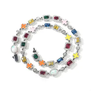 【PANG Jewelry】Hip-Hop New Style Personalized Diamond-Studded Necklace Summer High-End  Colorful Zirconia Necklace
