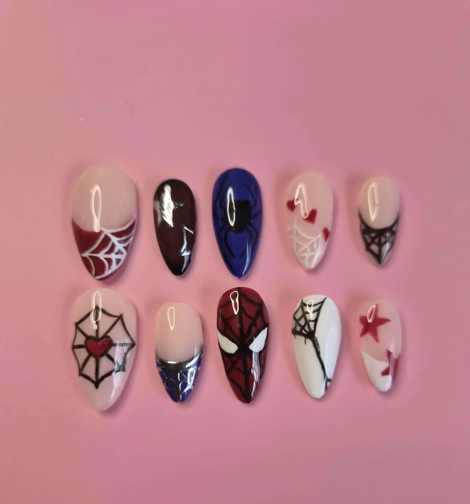Spider Web Inspired Press-On Nails – Pink Red Glossy Almond Fake Nails with Spider Art & Heart Web Design | Handmade Reusable Full Cover Nail Set