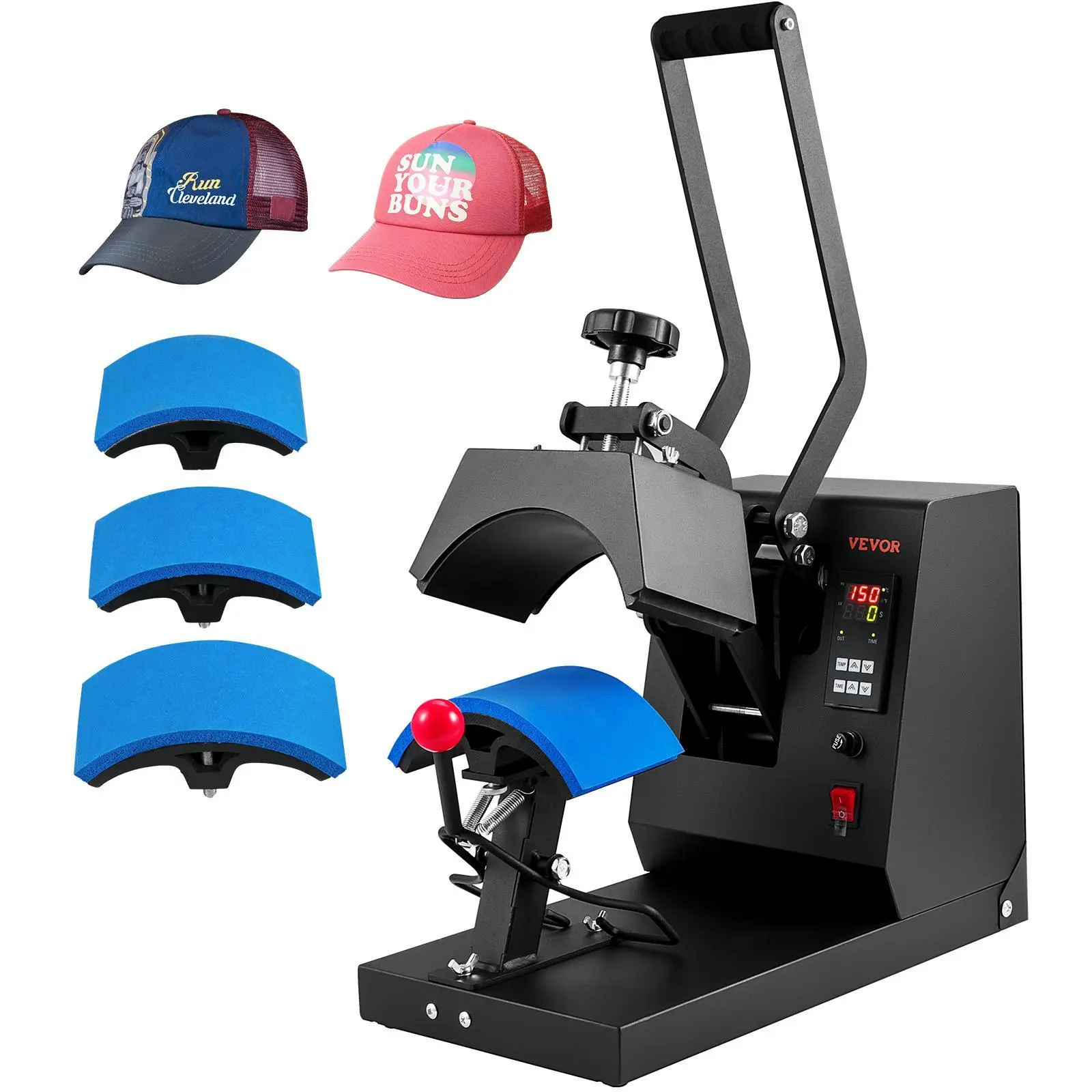 【Summerfinds】VEVOR 4-in-1 Hat Heat Press Machine, 6x3in Clamshell Sublimation Transfer Iron with LCD Digital Timer Temperature Control (104°F-410°F), Aluminum Heating Plates (6x3/6.7x2.7/6.7x2.7/8.1x3.5in), Auto Shut-Off Function