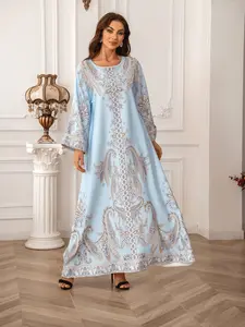 Women's Long Robe Fashion Plant Print Beaded Rhinestone Dress, Elegant Evening Gown, Formal Wear, Stylish Long Skirt, Perfect for Special Occasions
