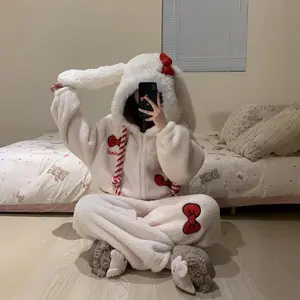 Cute Rabbit Coral Fleece Pajamas for Women, Autumn and Winter Thickened Warm Flannel Homewear Set, Suitable Outerwear warm sleepwear beautiful home wear christmas pjs slim fit nightgown vines skull robe Women's pajama cookie night gown hourglass mom robes