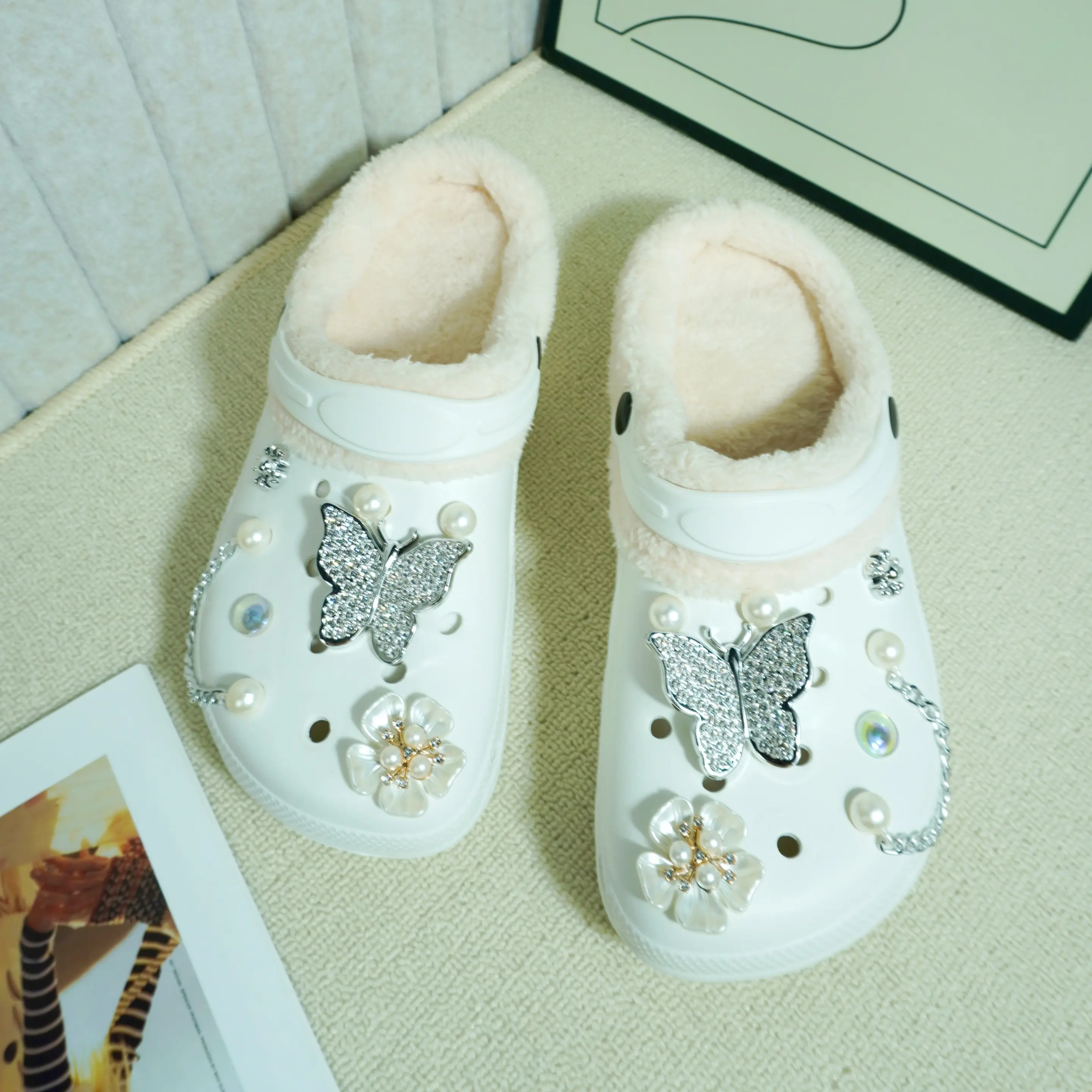 Girls' Fuzzy Lined Clogs - Rhinestone Butterfly Pattern Slippers, Hole-Punched EVA Slip-On Winter Shoes, Indoor Comfortable and Cozy Footwear with Cloud-Like Feel, Sole Tread
