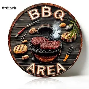 "BBQ Area" Retro Round Aluminum Sign, Grill Themed Wall Decor for Backyard, Patio, BBQ Zone & Kitchen, 8×8 Inch, Waterproof & Rust-Free, Vintage Style Plaque, Perfect Gift for Grill Masters & Barbecue Enthusiasts