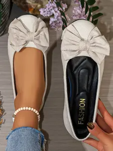 French Vintage Bow Flat Shoes, Canvas Round Toe Soft Sole Slip-On Women's Shoes, Comfortable and Stylish Footwear for Everyday Wear