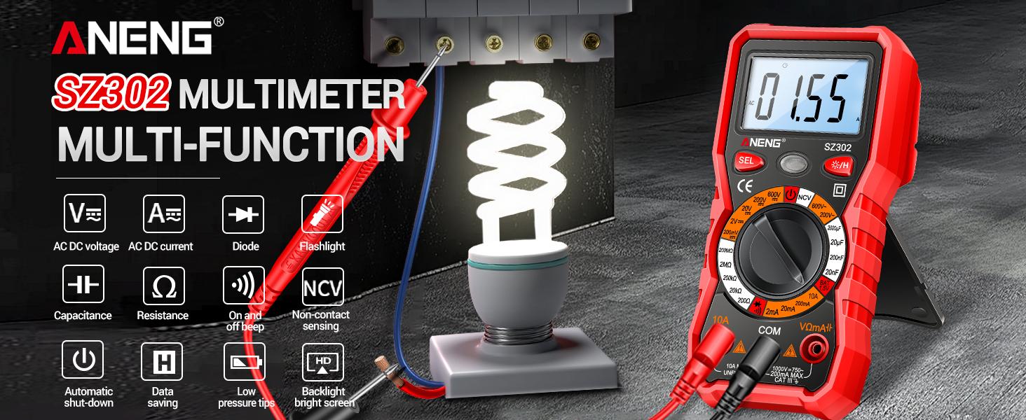 Multimeter with Backlit LCD,Ohm Volt Amp Meter,Non Contact Voltage Tester Measures DC AC Voltage,Current,NCV,Resistance,Continuity,Diodes,Electric Tools for Automotive Battery Test（Red）
