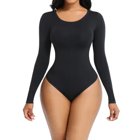 Soo Slick Women's Adults Wireless Nylon Long Sleeve Round Neck Waist Controlling Bodysuit - Snap, Shaping Garment Bodysuits, Body Sculpting, Tummy Control, Curve Hugging Compression, Stretchy, Thong Back, Minimalist Comfortable Basic Underwear