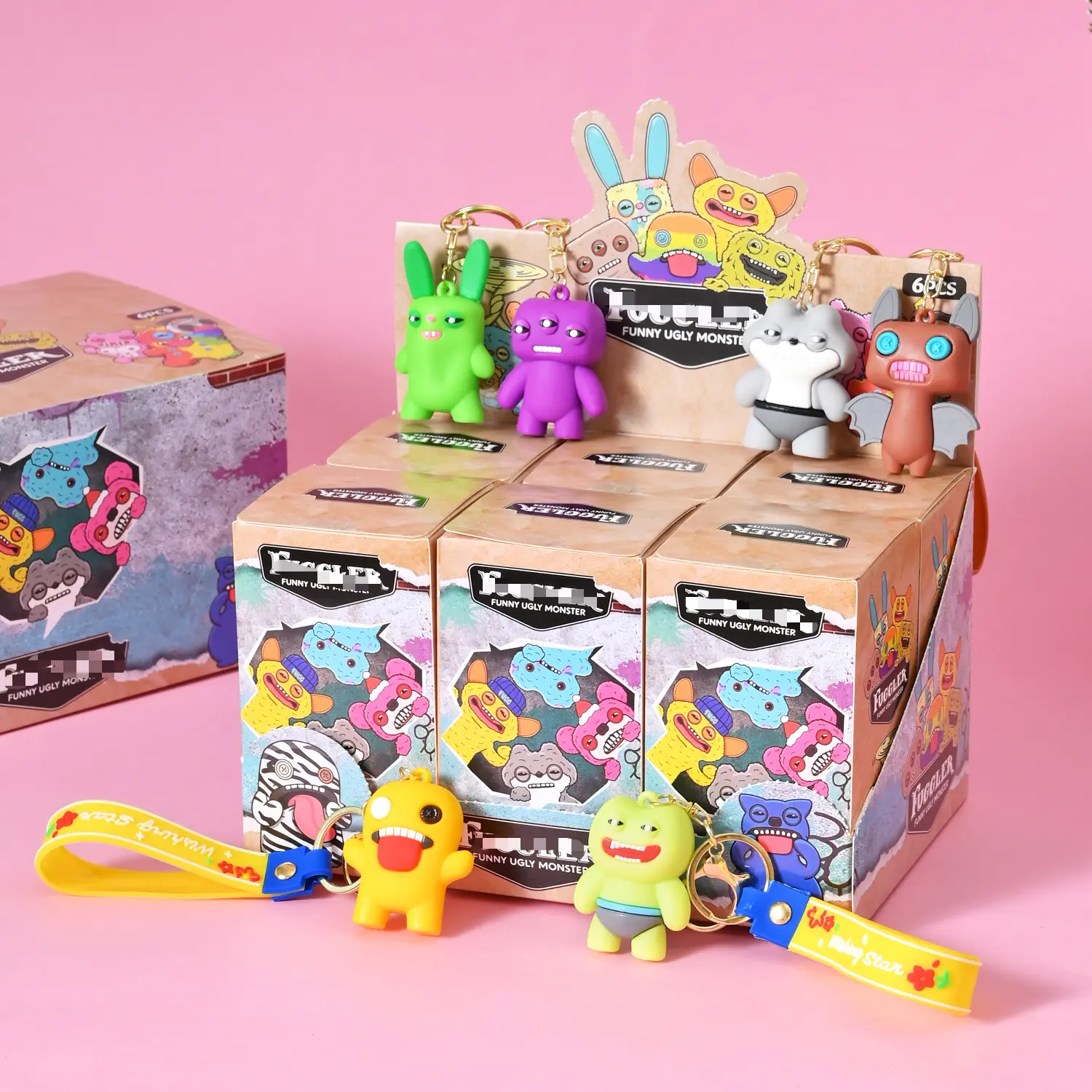 Ugly Cute Monster Blind Box Keychain Set, 6 Pcs Funny Cartoon Character Key Rings, Novelty Backpack Pendant Gift for Kids & Adults