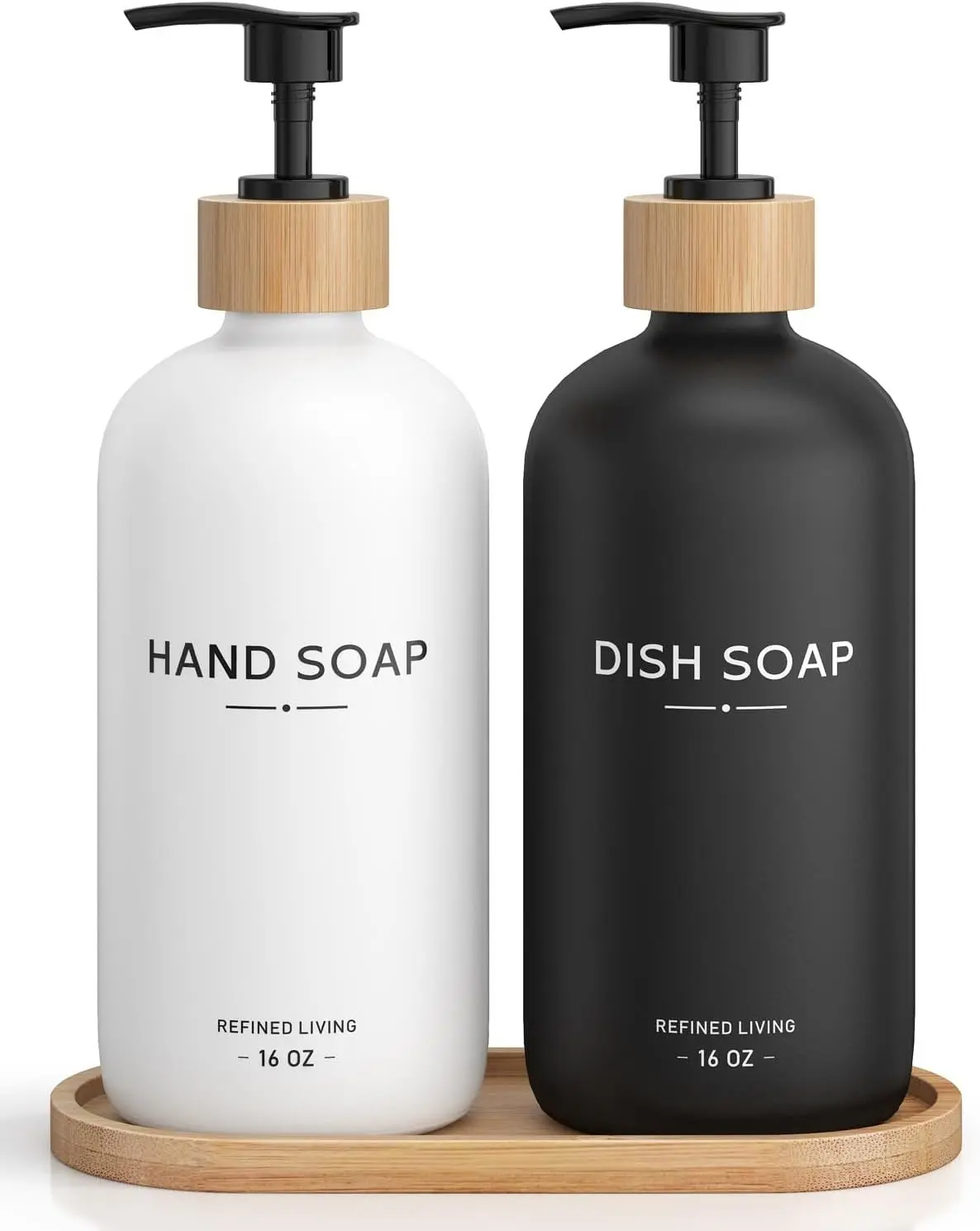 Hand and Dish Soap Dispenser Set 16oz Glass Bottles with Printed Labels Bamboo Tray & Pump Countertop Soap Dispensers for Kitchen Luxury Minimalist & Farmhouse Decor Black/White