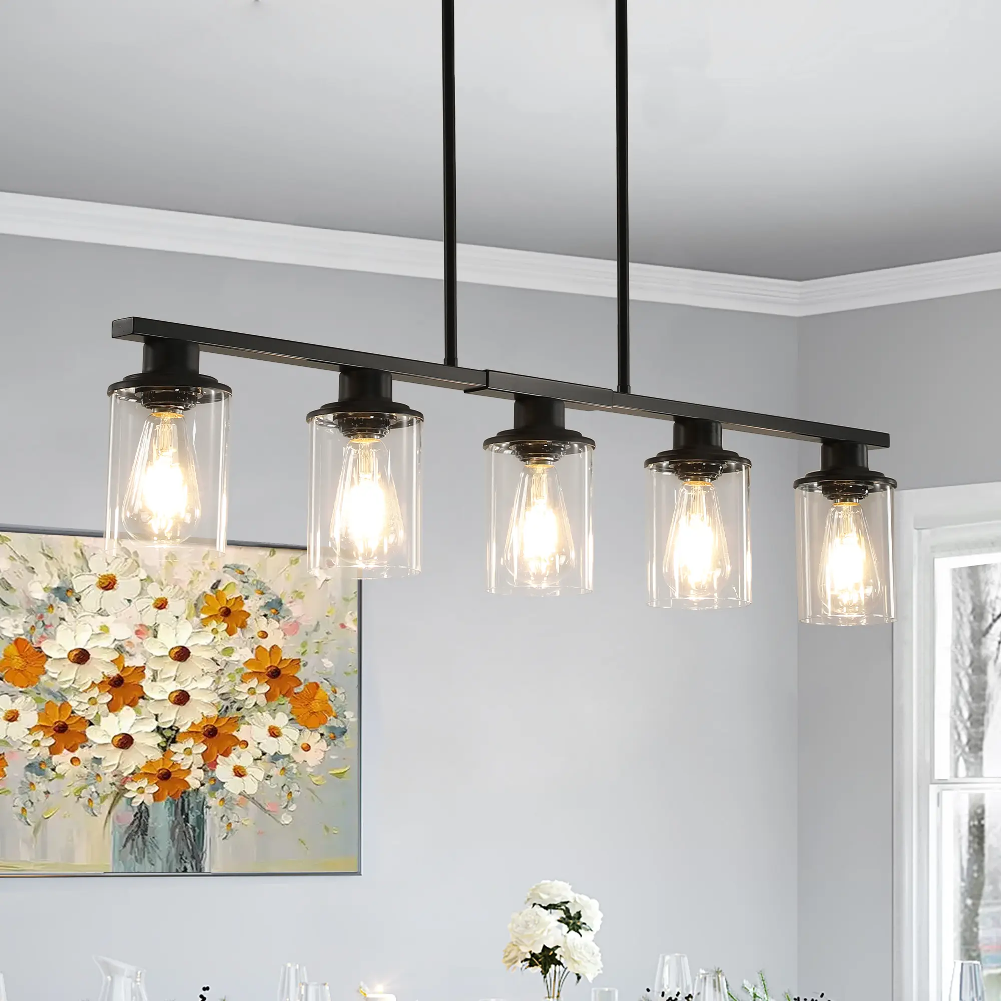 Matte black linear iron frame, 5 lights, clear cylindrical glass shades, adjustable height, industrial hanging pendant chandelier